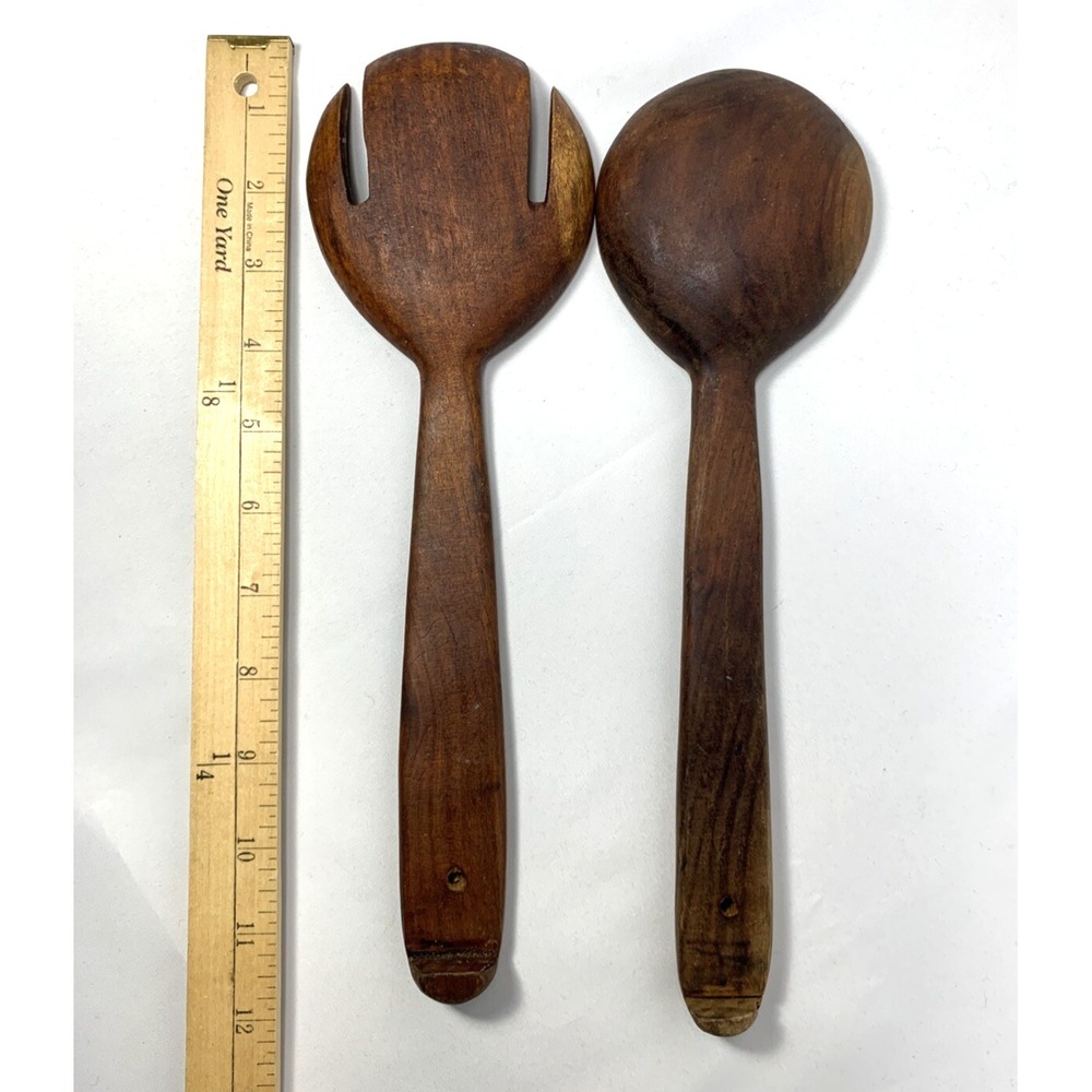 Wood Utensils Kitchen Wall Decor Salad Set Fork Spoon Vintage Country Rustic 12" - Picture 2 of 3
